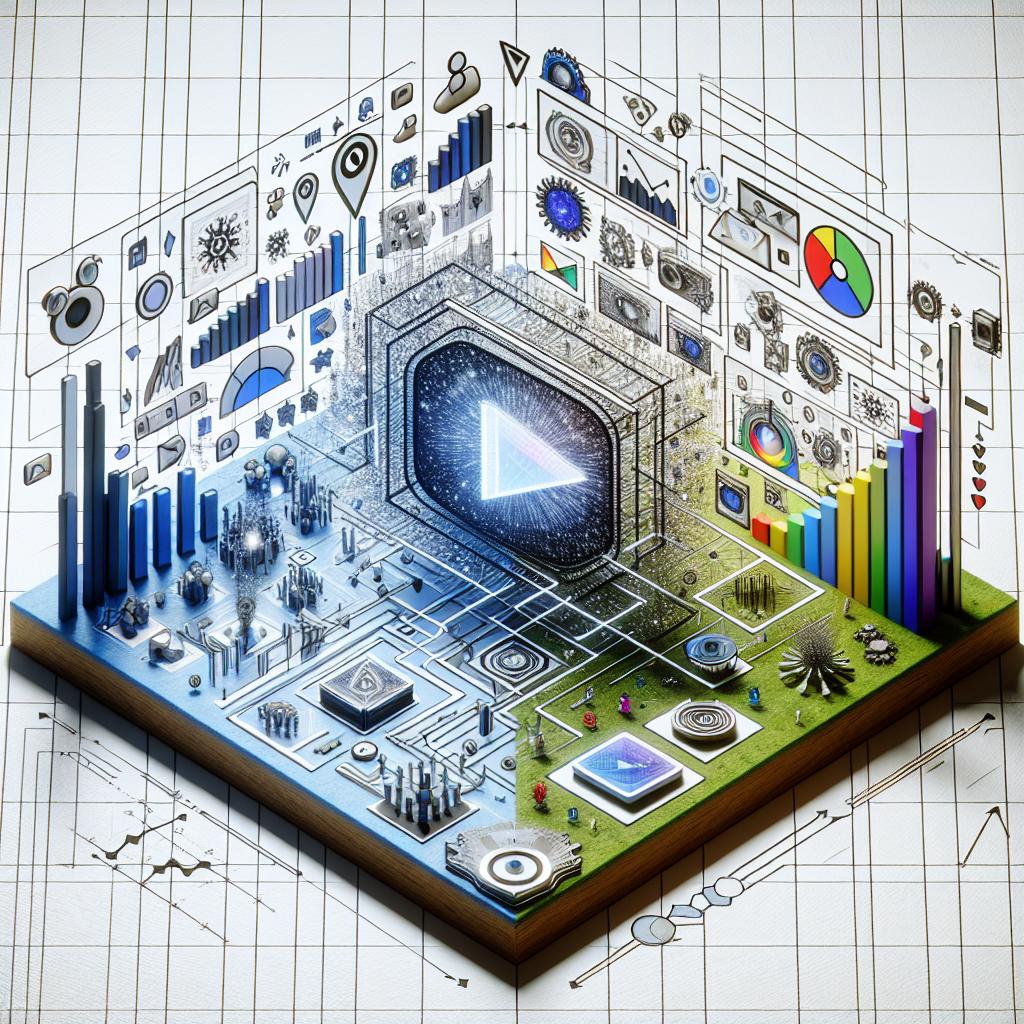 Imagine a 2D, linear perspective image with a white, textureless background. The primary components of the image represent a futuristic composition of video, advertisements, and engagement graphics, symbolizing the integration of AI technology into digital marketing. The most notable elements are video elements, represented in a vectorial, flat, and corporate style, symbolizing the emphasis on visual content. Alongside them, you can see growing charts representing the increase in engagement and various icons symbolizing the monetization of videos. This whole setup is a metaphorical representation of the increasing influence of AI, particularly that of Google's scene detection technology, Gemini, on optimizing user experience and advertiser revenue in online video content.