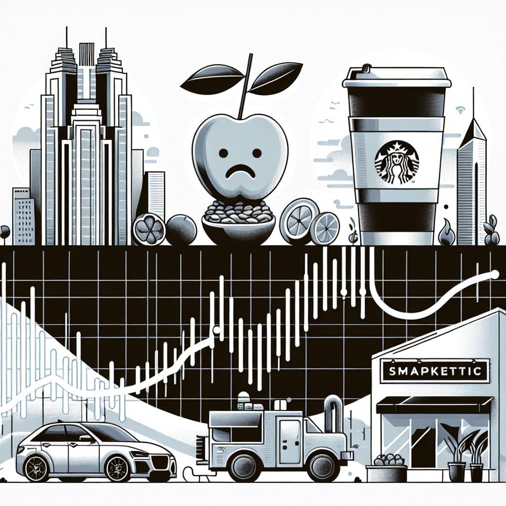 An illustrative, corporate flat design image in white background, showcasing the impact of market changes on major companies. The image should contain symbolic references of three companies: a fruit (representing a tech company), an espresso cup (for a coffeehouse chain), and a car (for an automobile manufacturer). These references should appear not too pleased, showing disappointment, simplification, and financial challenges respectively. The image should also depict market trend graphs in 2D linear perspective to illustrate the economic effects of these changes. In addition, a minimalist silhouette of an urban landscape should be present in the background to symbolize the consumer market environment. No logos or brand identifications should be included.
