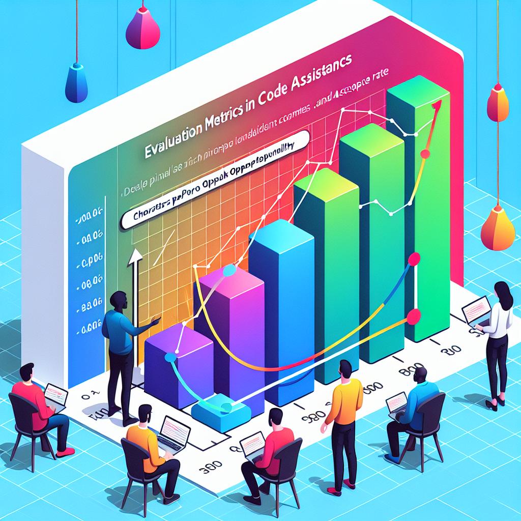 Creating a visual concept for an article titled 'Evaluation Metrics in Code Assistants'. The image should be in corporate, flat, and vector style. The scene is set from a 2D, linear perspective against a plain white background. The central focus would be a vibrant, colorful graph displaying the correlation between 'Characters per Opportunity' (CPO) and acceptance rate. Position a few developers around the chart indicating the target audience of the analysis, each developer can be of a different descent such as Caucasian, Black, Hispanic, South Asian, and Middle-Eastern. Avoid any texture for simplicity of the image.