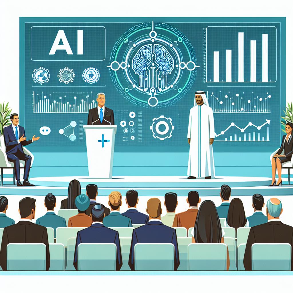 Imagine an illustration reflecting major advancements in artificial intelligence. This scene takes place at a technology conference where two executives from top tech companies are discussing the future of AI. They are not presidents, but high-ranking officials known in the tech industry. Be sure to make one executive Middle-Eastern male and the other Hispanic female to reflect diversity. In the background, you see charts and graphs displaying increased investments in AI. Official logos are replaced by generic symbols of a circle and a square, maintaining the colors blue and green to evoke a sense of technology and innovation. There are people of various descents in the audience, showing public interest. The environment should be corporate and the art style features a 2D, flat, vector style on a white, textureless background.