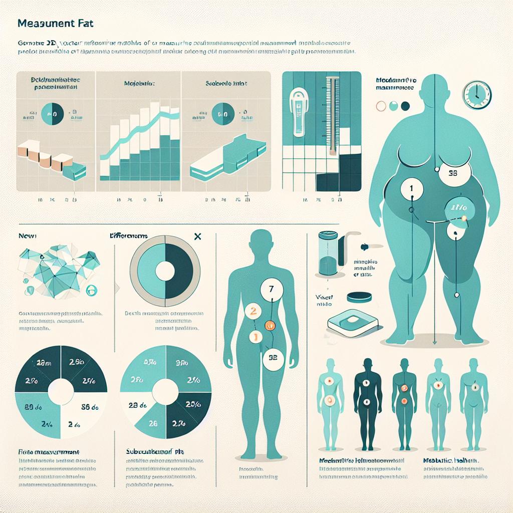 Generate a 2D, vector-style, corporate illustration on a plain white background. The illustration should depict various methods of measuring body fat, including a new, innovative proposal called SAD. Use soft shades of blue and green to convey a sense of health and wellness. Include comparison graphs contrasting differences between measurement methods and health icons to represent metabolic health. Add human silhouettes demonstrating the correct posture for SAD measurement. Accompany the graphics with informative text explaining the differences between visceral and subcutaneous fat.