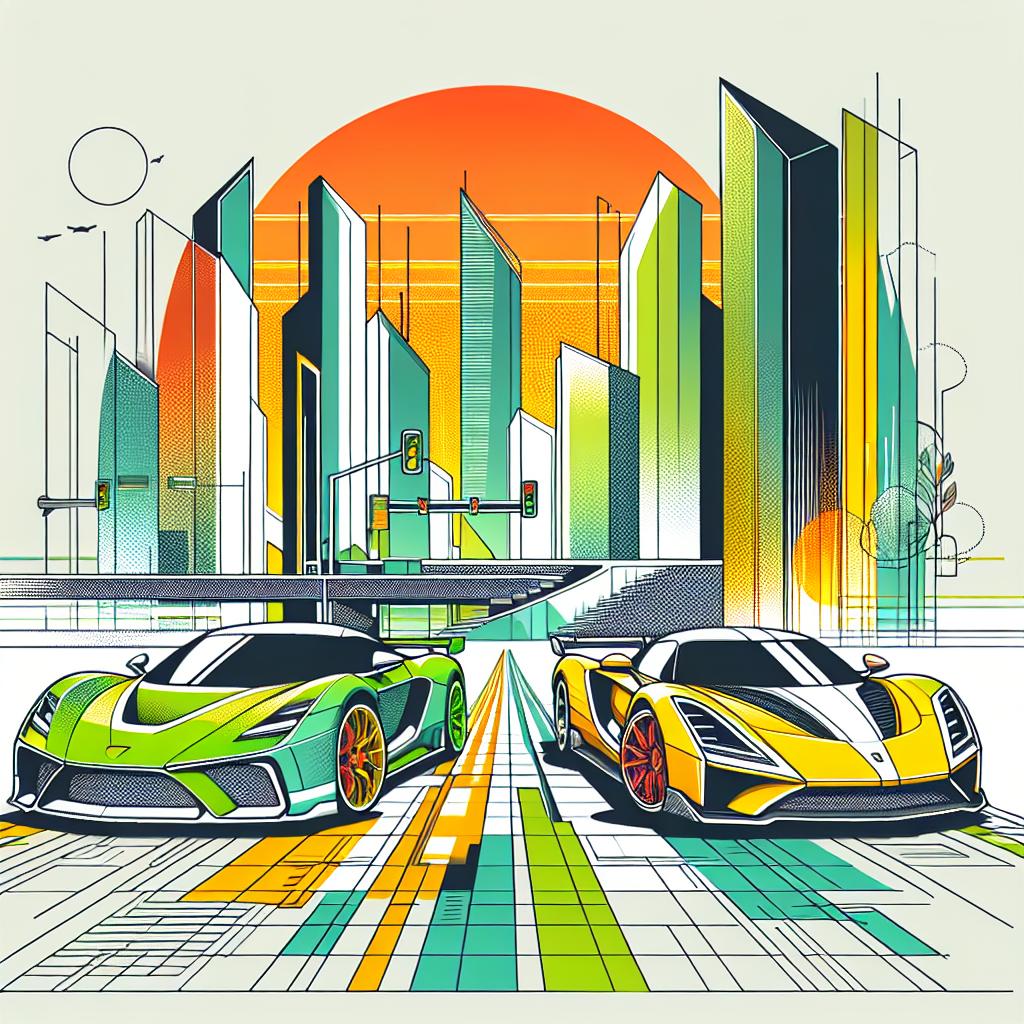 Design in a vectorial, flat, and corporate style a 2D linear perspective scene featuring two contemporary hybrid supercars: one in bold green and the other in vibrant yellow. These cars are placed in an urban landscape, symbolizing the fusion of technology and performance. A sunset is present in the background, framing the architectural elements of the city and representing new beginnings and the transition to greener technologies. An illustrative pathway runs across the image, marking the innovative journey of the automobile industry. The background should be white and textureless, letting the bright colours of the cars and sunset be the focal focus. This design honors the revolution of hybrid supercars as they prioritize performance over fuel efficiency.