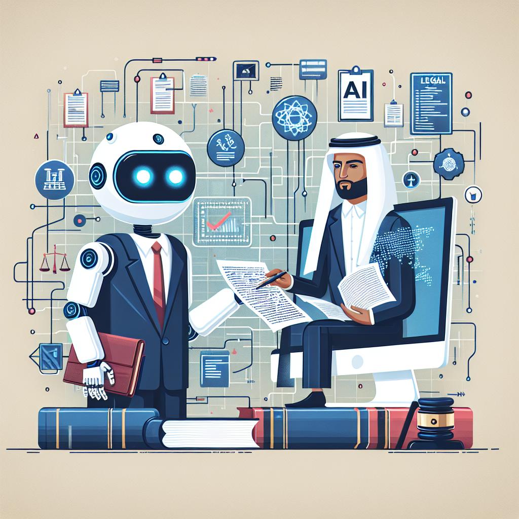 Create a corporate, flat vector-style illustration in a 2D, linear perspective on a plain white, untextured background. The image should depict a digital robot interacting with a Middle-Eastern male lawyer, symbolizing a collaboration between artificial intelligence and human expertise in specialized fields such as law. The robot is seen helping with legal research, highlighting the complexity of the legal field and the importance of human expertise. Additional elements include legal documents and a technological background, suggesting innovations and the future of AI.