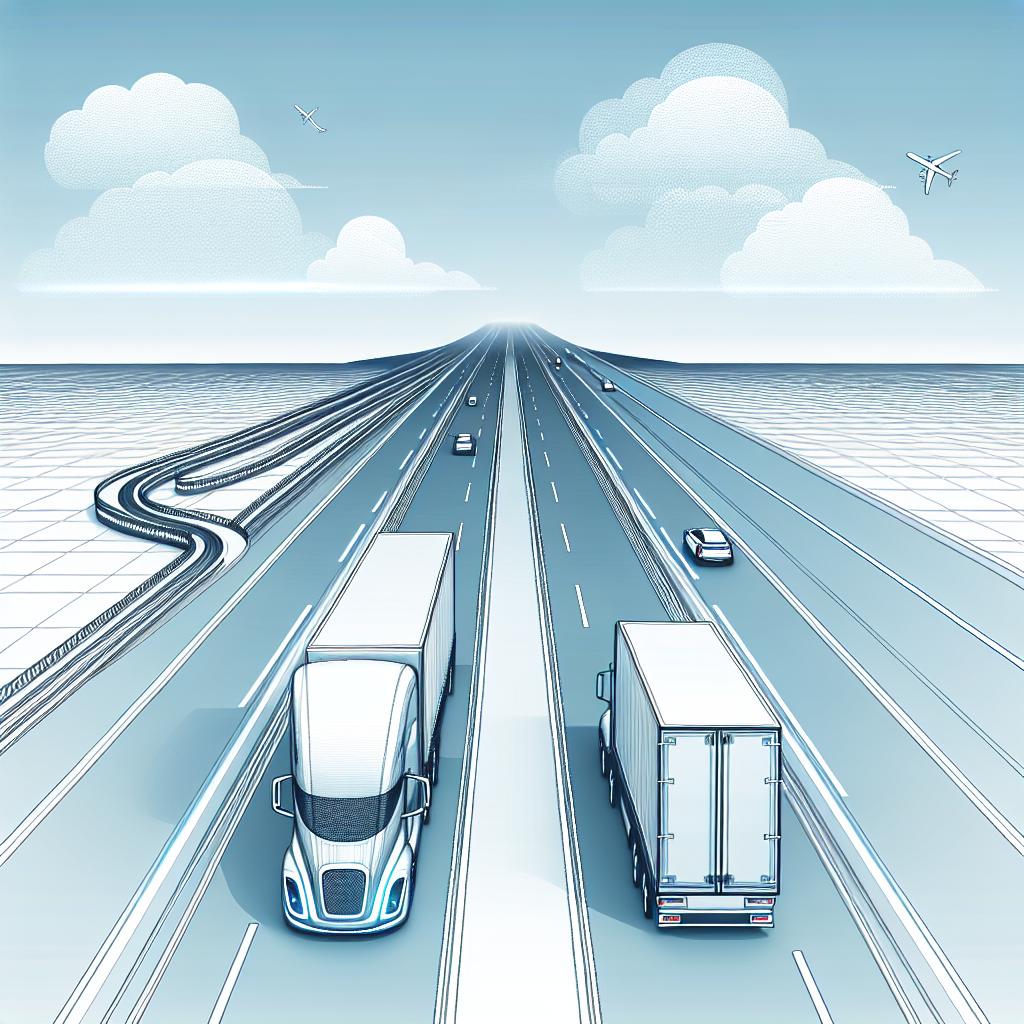 Imagine a future corporate scenario envisioned in 2D, linear flat vector style. Envision sleek, autonomous trucks cruising on a wide, smooth highway, symbolizing an innovative leap in the transportation industry. Surrounding the autonomous trucks is a clean, white untextured background that extends towards a cloudless blue sky, indicating a promising and sustainable future. This scene represents the pioneering partnership between an artificial intelligence company and a self-driving solution firm.