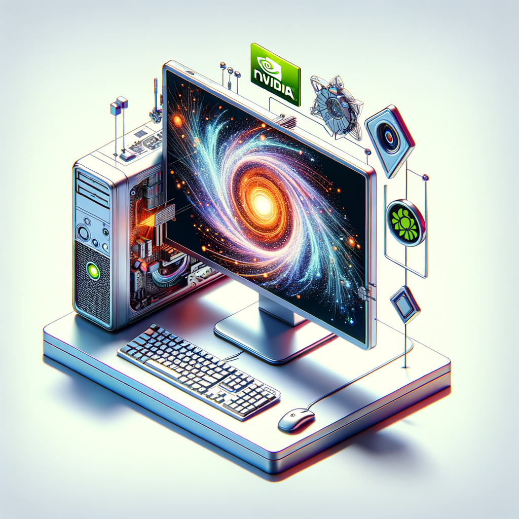 Render an image in a flat, corporate style with a 2D, linear perspective on a white, texture-less background. The focal point is a computer, its screen displaying an image generated by artificial intelligence. Surrounding the computer, place symbols that represent NVIDIA and AMD, symbolizing the technical collaboration, but do not use their actual logos. Add a safety icon, symbolizing the commitment to safe AI practices. Use a vibrant color palette to reflect the high quality of the generated images. Also include an icon that symbolizes customization, indicating the fine-tuning capabilities of the model. Each symbol and the computer should complement each other, confirming the professional and accessible nature of the technology.