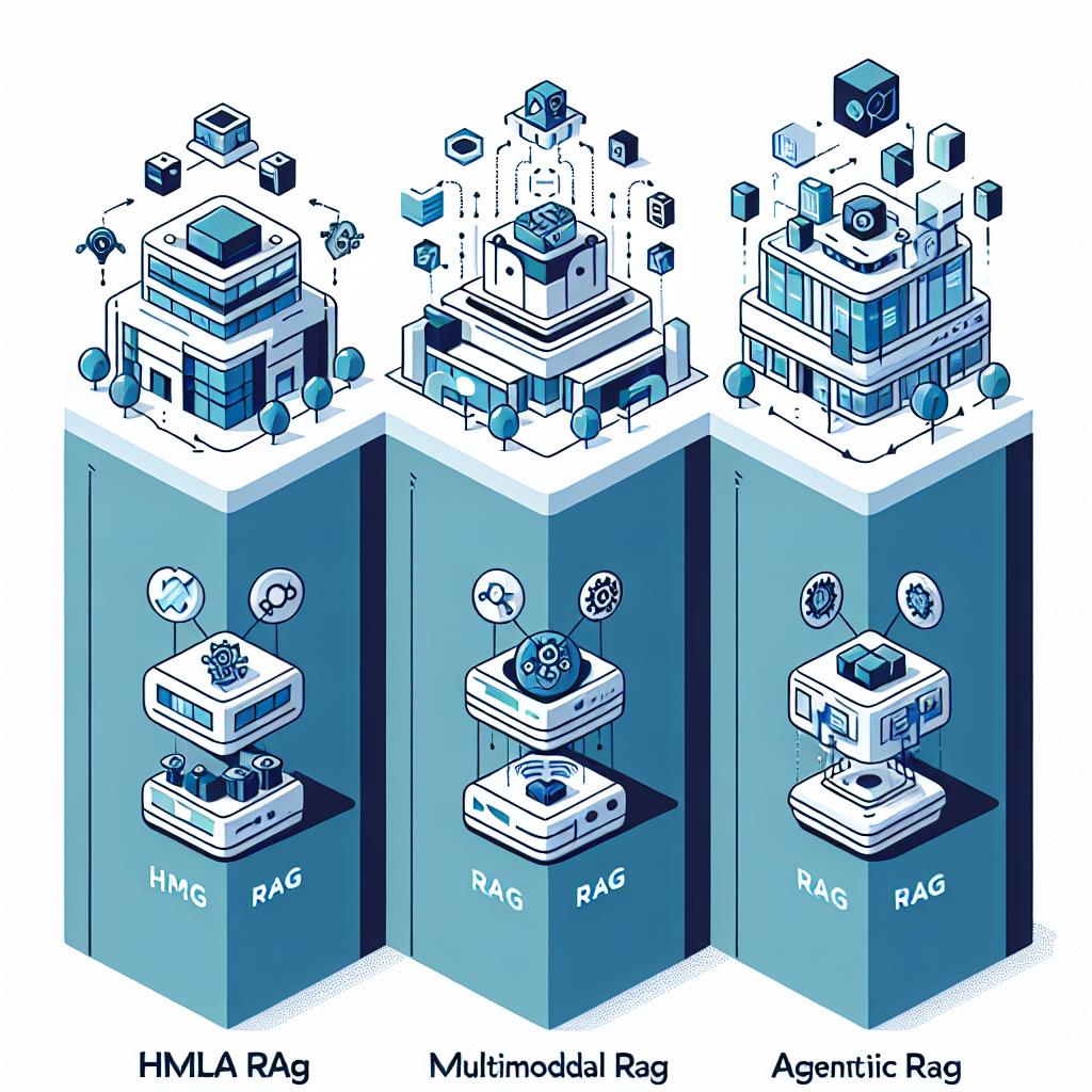 Depict a 2D, vector, and flat corporate-style scene set on a textureless white background. This scene should graphically represent three types of Retrieval-Augmented Generation (RAG) approaches, namely HtmlRAG, Multimodal RAG, and Agentic RAG, showcasing their differences and improvements upon the traditional model. Use uniform and distinguishing elements for each type: for HtmlRAG, use HTML icons signifying preserved structure; for Multimodal RAG, use illustrations indicating multimodal integration; and for Agentic RAG, employ symbols of autonomy to signify its autonomous nature. These visuals should communicate constant innovation in artificial intelligence and the promise of improved data retrieval and language model performance.