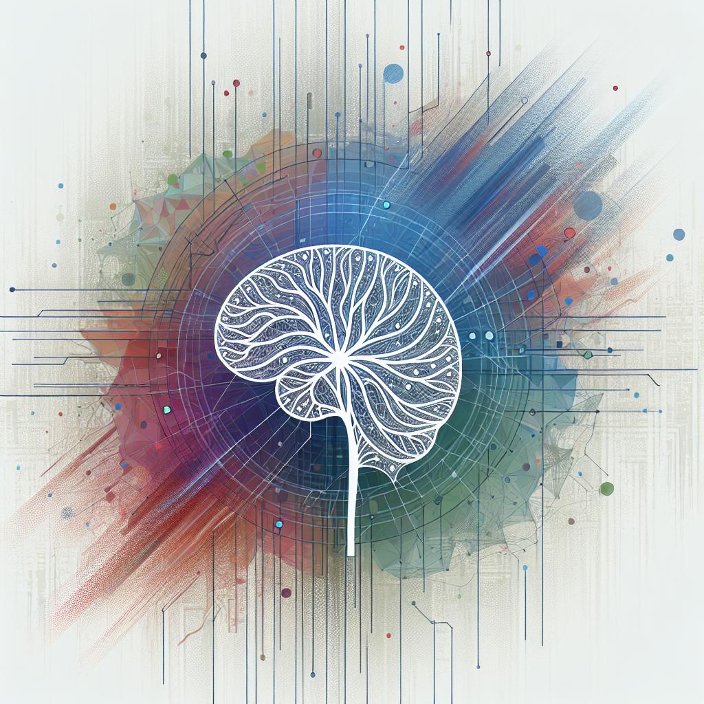 A corporate styled, flat, vectorial image from a 2D, linear perspective. The image features a white, textureless background. Centered is an abstract, dynamically represented neural network, signifying the complexity of AI systems. The neural network uses vibrant colors, to symbolize creativity and adaptability. An abstract background, suggesting dynamism and evolution, adds depth to the scene.