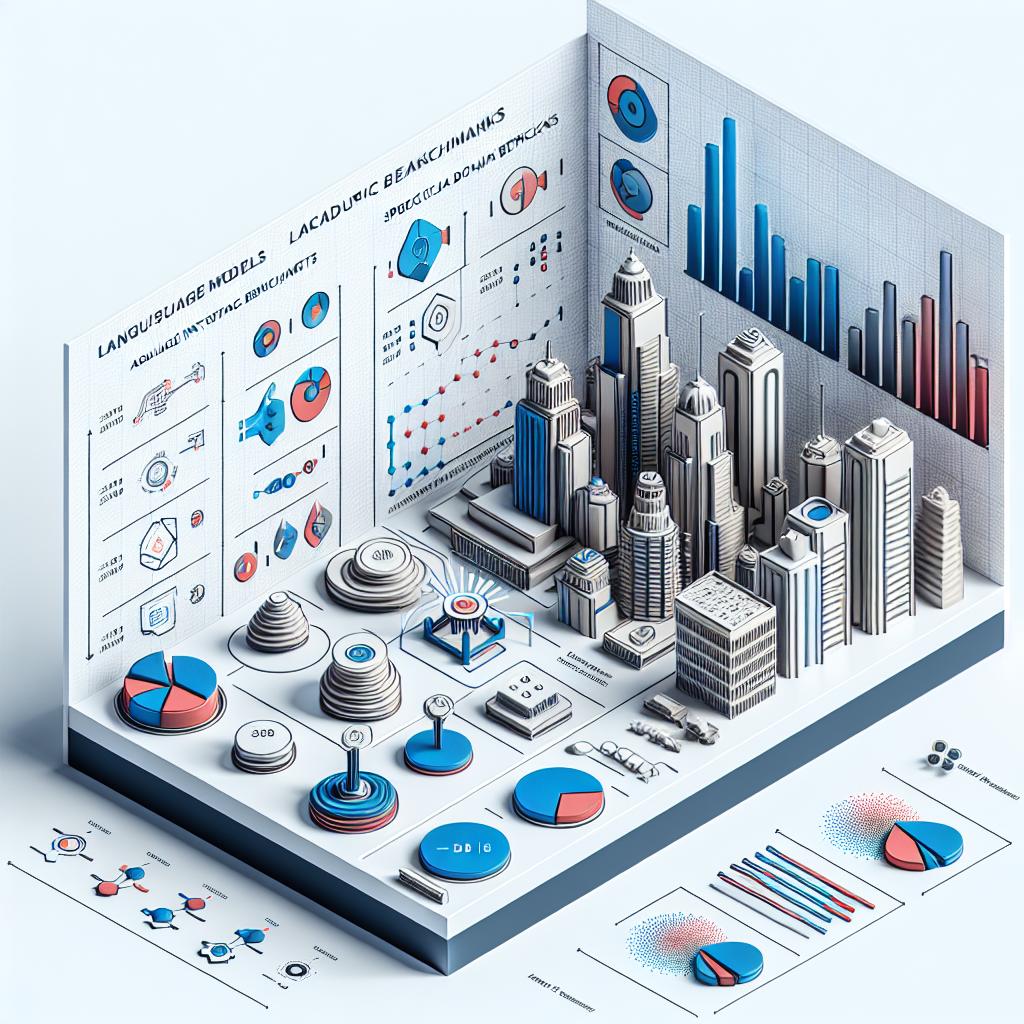 A corporate-style, flat, vectorial image depicting a comparison between the performance of language models in academic benchmarks and specific domain tasks as introduced by Databricks with their Domain Intelligence Benchmark Suite (DIBS). The 2D, linear perspective scene is set on a white, textureless background. The graphic elements include visual comparisons between DIBS outcomes and academic benchmarks, with high-performing models represented in blue and lower-performing ones in red. Additionally, there are icons representing sectors such as finance, technology, and manufacturing.