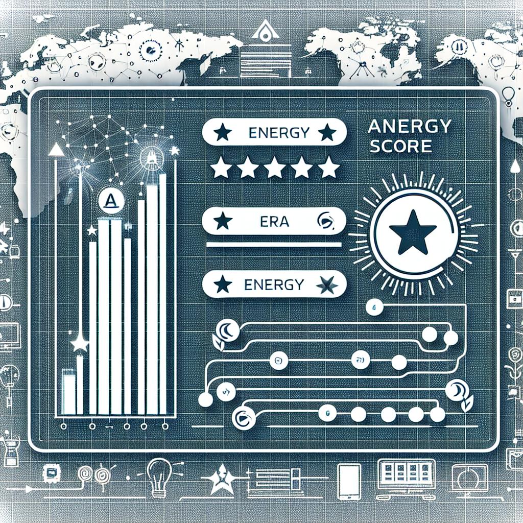 Create a 2D linear perspective, vector style image in a flat, corporate design style. The background should be white and texture-less. The center of the image should feature a comparison chart demonstrating the energy performance of various AI models. Add star icons to symbolize the energy rating system that the AI Energy Score represents. Include a world map in the image, implying global collaboration at the AI Action Summit. The elements should clearly tell a visual story of the AI Energy Score's impact, showing visuals related to energy efficiency in technology.