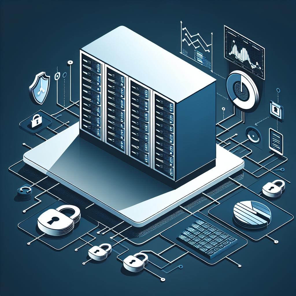 Create a 2D vector image in a corporate style, with a flat and untextured white background. The image should depict a digital server, representing the necessary infrastructure for cyber defense. Add elements such as padlocks, symbolizing data security, and real-time analytic charts, reflecting the importance of real-time analysis. Set these elements against a dark blue backdrop to mimic the commonly associated color with cybersecurity. Position the elements in a linear perspective.