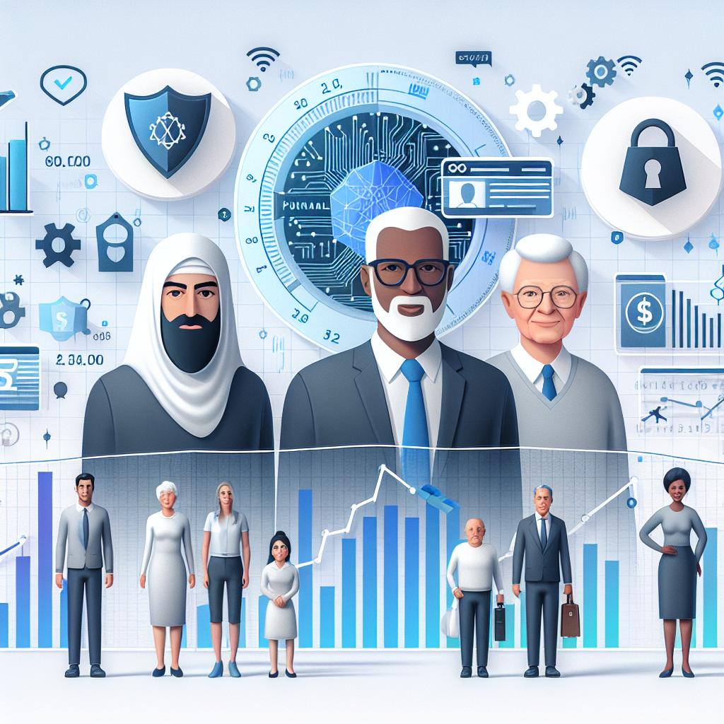 Create a 2D, flat, and corporate style image on a white and textureless background. The scene should depict the use of artificial intelligence by the government to detect financial frauds. It should include graphical representations and elements symbolizing financial security and technology. Show financial security graphs reflecting an increase in security due to AI use. Include visual elements of codes and algorithms to represent the technical aspect of AI. Add depictions of diverse citizens - a Middle-Eastern man, Hispanic woman, and a White senior citizen- who appear satisfied, portraying public confidence in government initiatives.