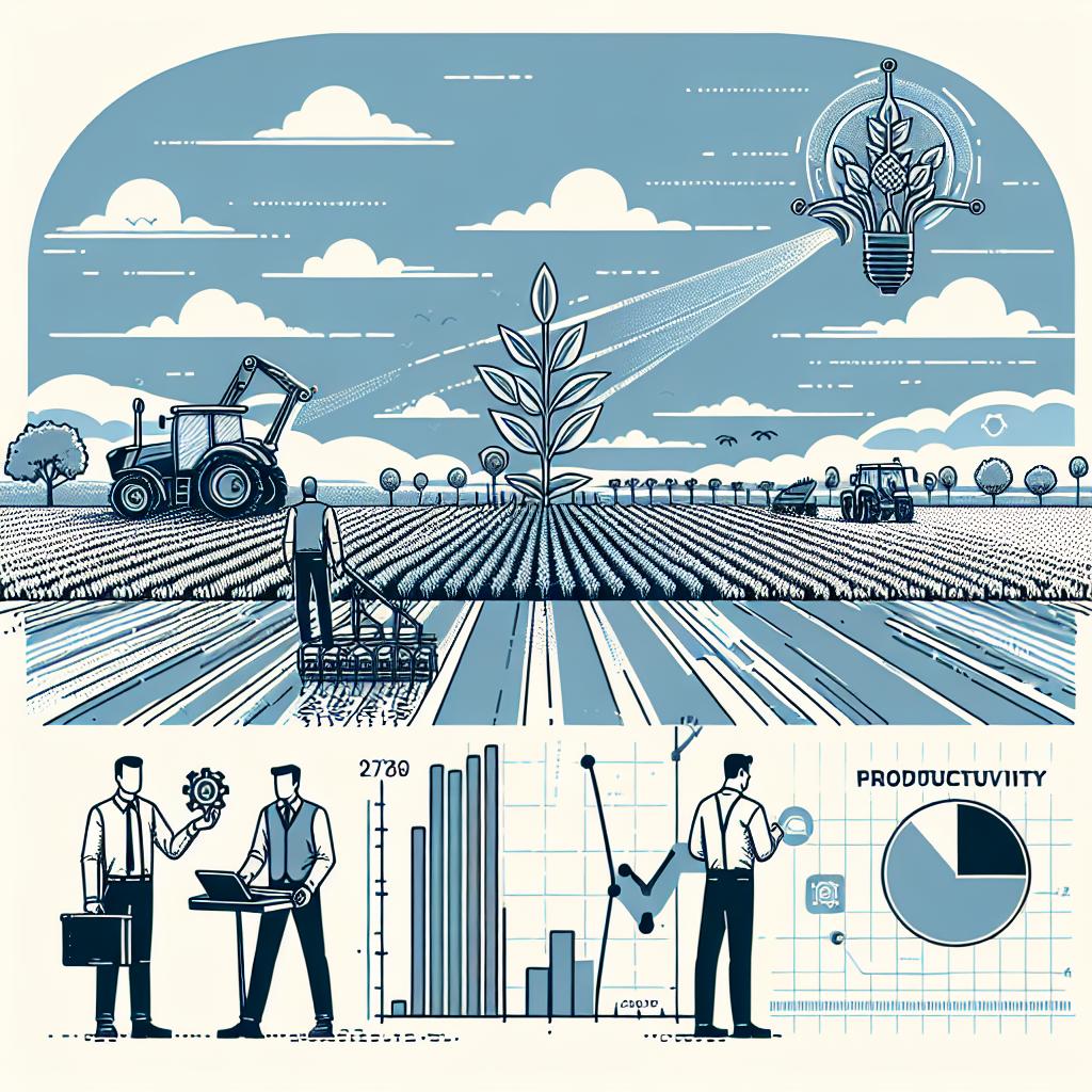 Illustrate an image set in the Brazilian agribusiness industry, reflecting concerns about the lack of skilled labor and resulting advancement in artificial intelligence (AI) technologies to boost efficiency and productivity. The image should be in vector format with flat, corporate style and untextured white background. Present it in 2D linear perspective. In the forefront, draw agricultural fields signifying the transforming sector with professionals operating advanced technology. Show productivity graph to suggest improvements due to AI, and represent a clear sky reflecting a bright future for agribusiness. Avoid depictions of real public figures.