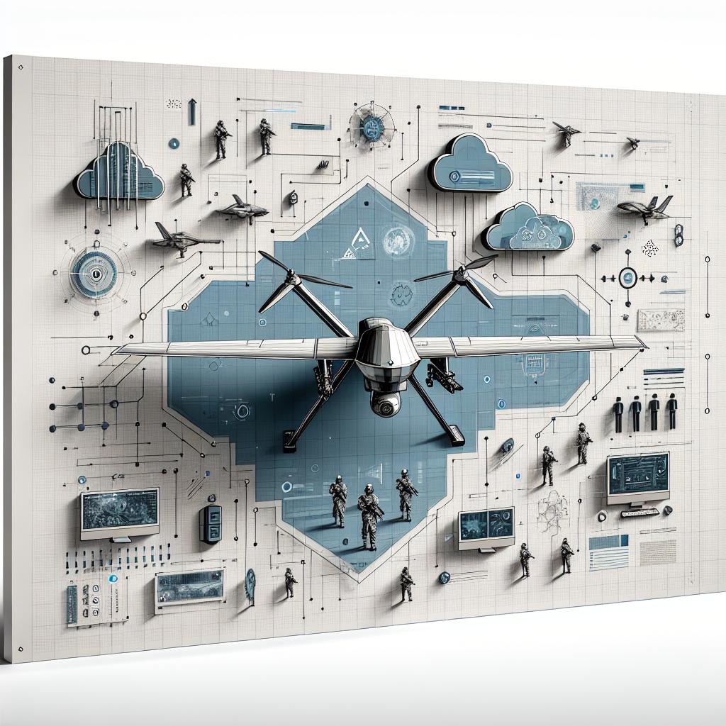 Create a 2D, linear perspective image that has a corporate and flat vector style. The setting is futuristic, blending military technology with cloud computing, featuring elements of AI and tactical defense. Portray drones, a symbol of modern technology in defense operations, and command platforms that represent military control. Apply primary colors such as blue and grey that symbolize technology and security. Embed digital clouds to illustrate the cloud infrastructure. Also, incorporate data graphics to show real-time analysis. The background should be white and textureless.