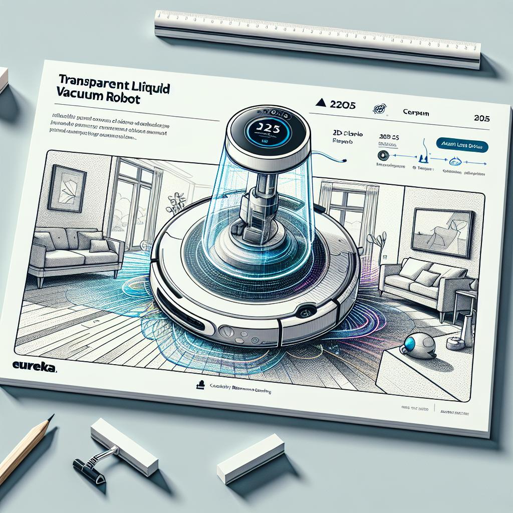 Create a 2D, flat, corporate style vector image on a untextured white background. The image portrays the J15 Max Ultra vacuum robot from Eureka, a century-old renowned cleaning company, showcased during CES 2025, exhibiting innovative features including transparent liquid detection and an anti-tangle system. Illustrate the vacuum robot in action within a home environment, demonstrating its ability to automatically detect and clean liquids. The robot acts as a symbol of innovative home cleanliness.