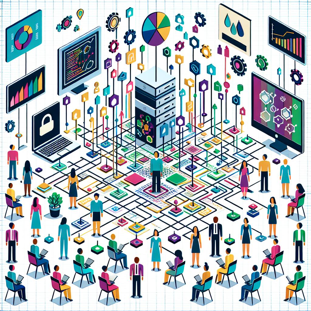Create an image that conveys the concept of decentralized AI, showcased through a diverse network of computers and users. Picture this in a 2D flat corporate style vector. The elements should include a network of computers symbolizing decentralization and users of various descents and genders to represent inclusion and participation. The color palette should be vibrant, standing for innovation and hope for the future. Also, include growth charts to symbolize the potential evolution of AI. The background of the image should be a simple, textureless white.