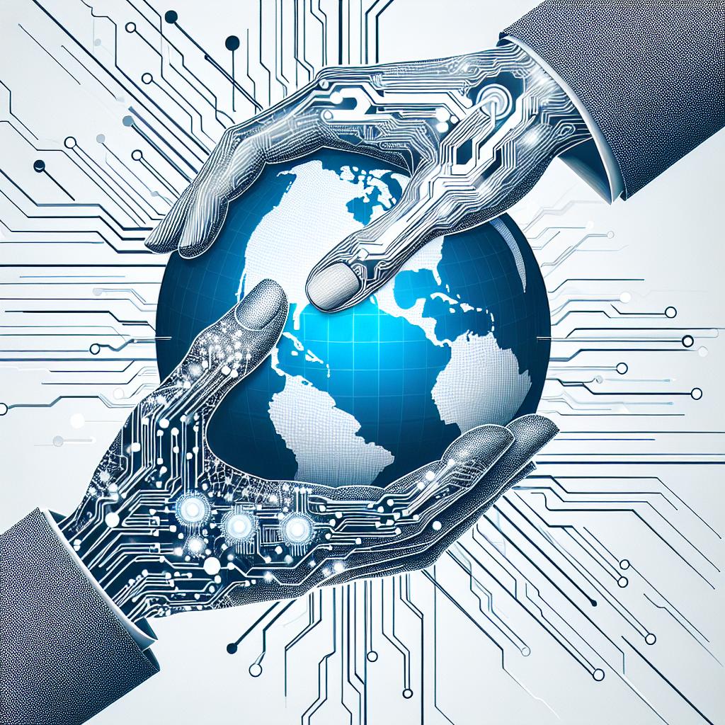 Please create a symbolic 2D image on a white, no-textured background. The main theme focuses on international collaboration between two technological superpowers. Essentially, there should be two hands reaching towards each other in a flat, corporate/vector style. Dynamic lines of circuitry and artificial intelligence code should flow between and interconnect the two hands to signify technological innovation, collaboration and mutual growth. Also, represent a touch of blue throughout the image to suggest security and stability. To accentuate the global impact of this alliance, subtly incorporate an outline or low opacity image of the globe in the backdrop.