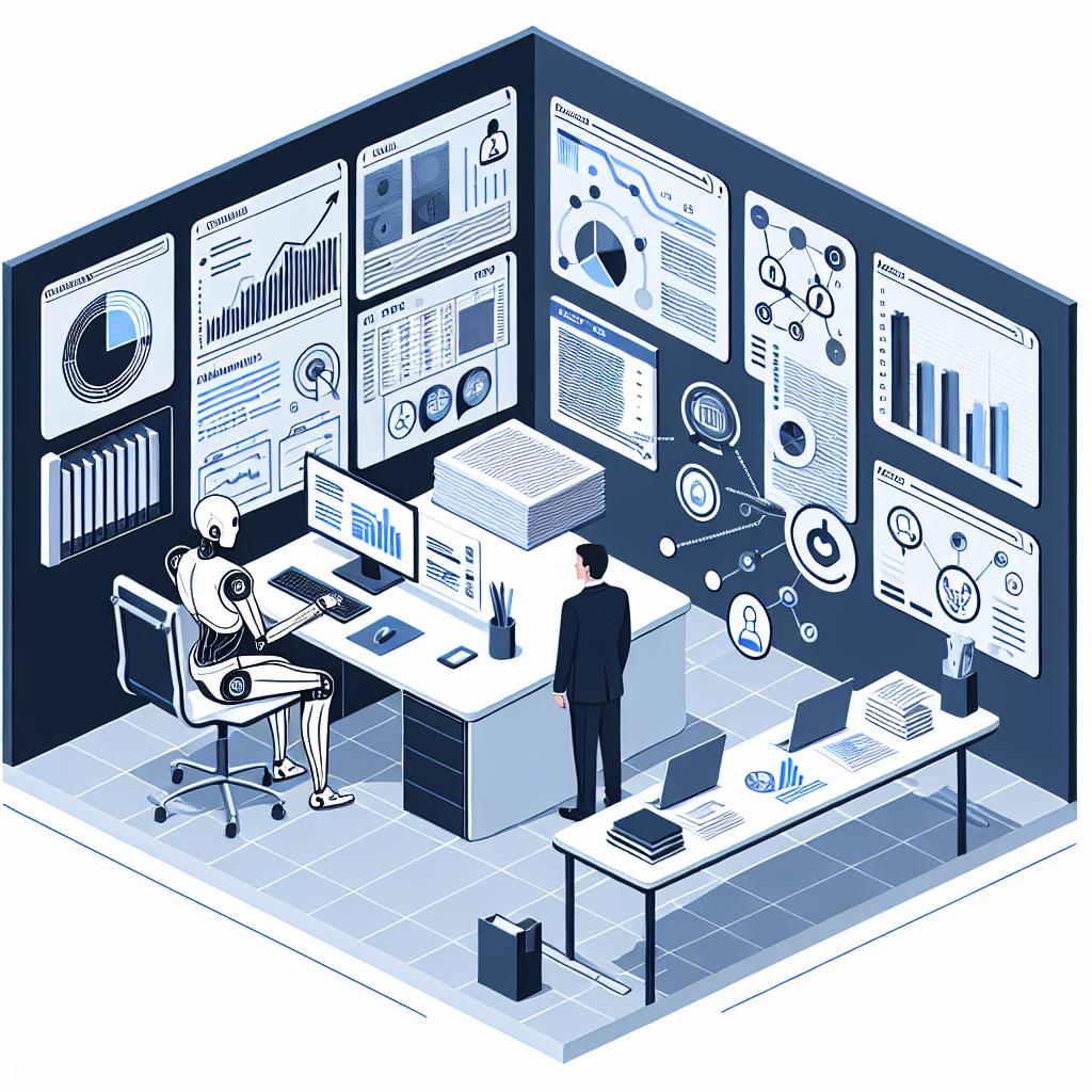 Create a 2D, vector-style corporate illustration on a plain white background. Show an AI agent, symbolizing the current technology of data processing, interacting with complex data within a corporate setting, this indicates the evolution of artificial intelligence technology in information analysis. Have this scene depict an office space, with additional elements such as legal and financial documents, symbolizing the scope of AI application. Incorporate charts and tables to illustate the system's data analysis capability. This scene takes inspiration from the launch of the multi-agent AI platform, Matrix, which was supported by OpenAI's model o1 in 2025.