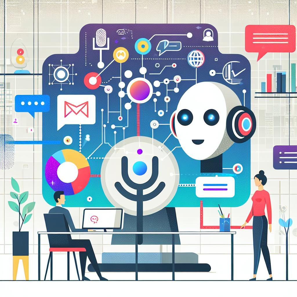 Create a 2D vector-style image drawn in a flat, corporate style, which is reminiscent of professional technology company illustrations. The scene takes place in a contemporary and dynamic office environment representing modern technological solutions. In the foreground, symbolically shows an AI voice agent, depicted as a digital assistant, interacting with a client. The characters are anthropomorphized, with vibrant colors employed to reflect the innovative and efficient nature of the service. Sprinkled throughout the image are communication icons, symbolizing the various forms of interaction used by the AI agents. The background of the image is white and textureless giving it a clean, modern feeling.