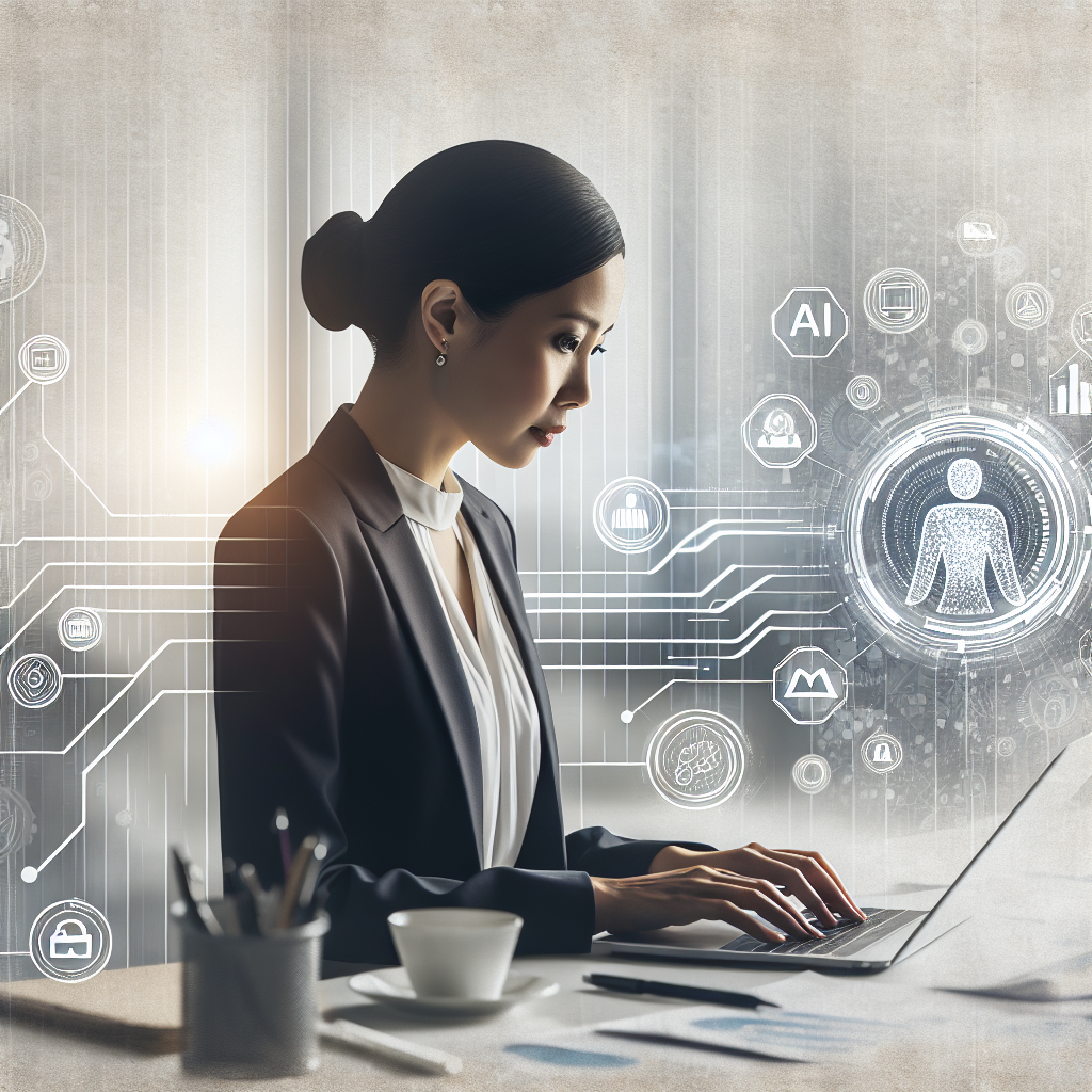 Create a 2D, linear, corporate and modern-style image in vector format with a white, textureless background. The scene should depict a South-Asian female lawyer in a modern office setting, focusing attentively on her laptop. Data graphs and technology icons serve as a backdrop, symbolizing efficiency and modernization brought about by AI in the legal sector. The image should showcase the integration of AI in her work, reflecting the shift towards automation and focus on strategic tasks. The laptop symbolizes the technological advancements being utilized in the legal sector. Overall, the image should convey the concept of innovation and evolution in the workspace.