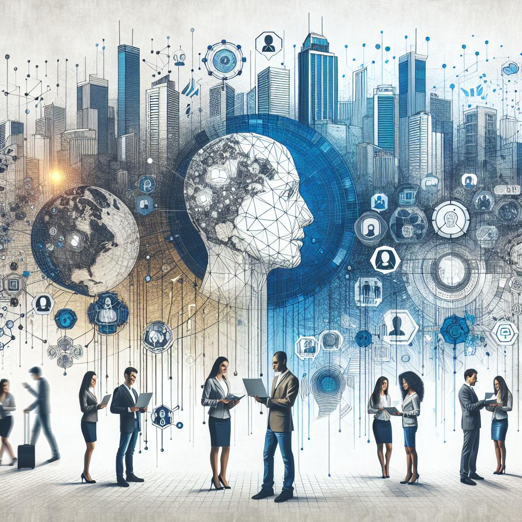 Create a 2D, linear perspective, vector styled, corporate themed image on a white and textureless background. Visually depict the increasing use of generative artificial intelligence in Brazil according to a study by Ipsos and Google where 54% of Brazilians use it, surpassing the global average of 48%. Include digital elements that symbolize artificial intelligence interacting with both male and female human figures of varying races such as Caucasian, Hispanic, Black, Middle-Eastern, and South Asian descent to represent human-machine collaboration. Add a modern urban background to reflect technology integration in cities.