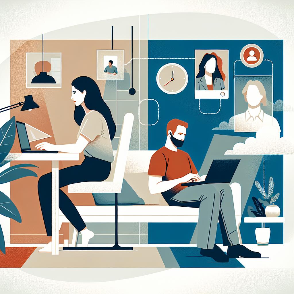 Illustrate a 2-dimensional vector image, applying a flat and corporate style. The image is set in a relaxed home environment symbolizing the hybrid work model, with diverse individuals utilizing technology on a textureless white background. Feature a Hispanic man and a Caucasian woman. The man is engrossed in work on his laptop, epitomizing remote work, while the woman is engaged in a video call, highlighting distance communication. This contemporary piece seeks to portray the future of work in the aftermath of a pandemic, accentuated by increasing trends of remote and hybrid working.