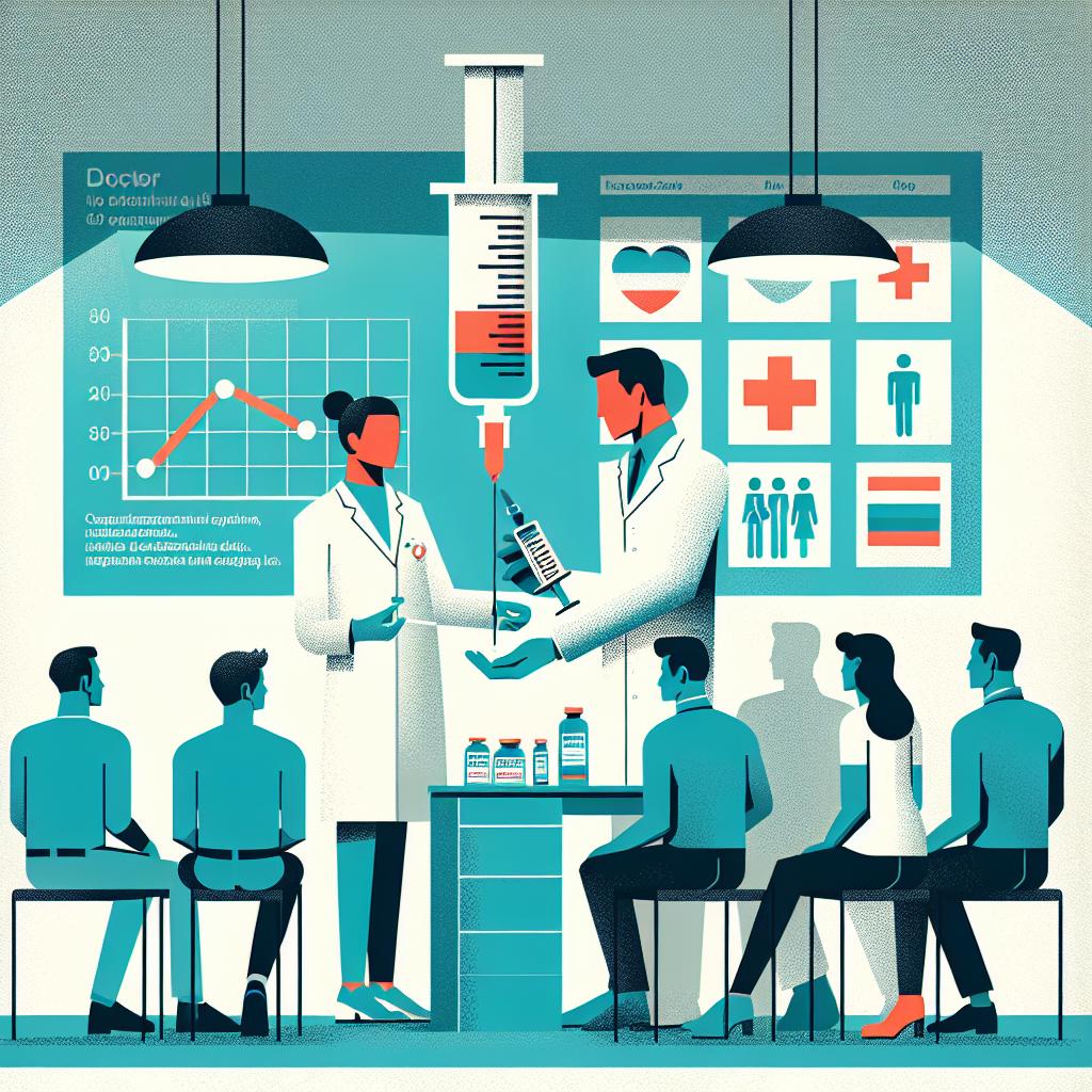 Create a 2D, vector-style artwork set in a clinical setting. On a white, textureless background, illustrate the scene with a flat and corporate aesthetic. A healthcare professional is preparing to administer an injection of lenacapavir to a diverse group of patients. The syringe is a visual symbol of the innovative treatment. The patients, representing a broad range of genders and descents such as Middle-Eastern female, Hispanic male, and South Asian transgender person, convey hope and are the beneficiaries of this advancement. The environment, symbolizing the seriousness of the treatment, is a doctor's office furnished with charts and graphs indicating the reduction in HIV infections due to the new treatment. Use a colour palette consisting of shades of blue and green to transmit trust and hope.