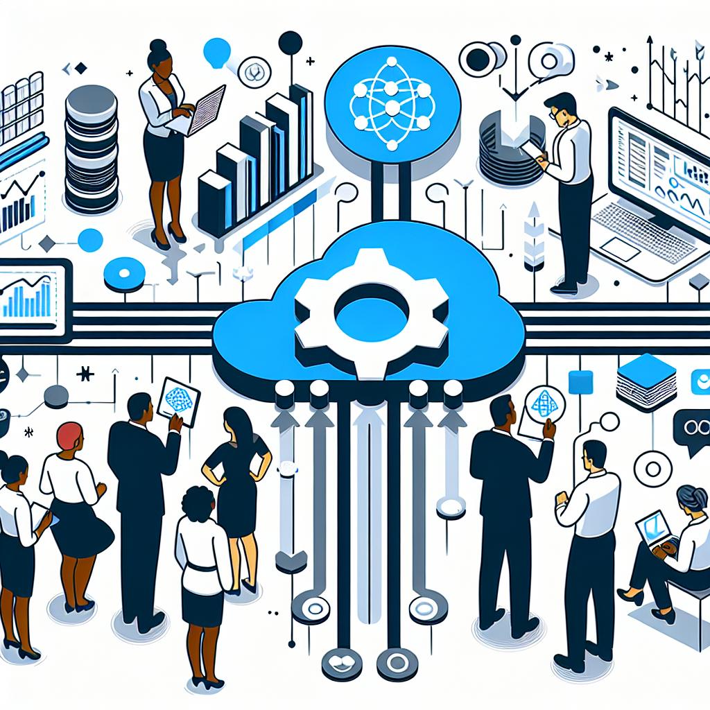 Create a 2D, linear perspective, white background, no texture image which represents Intuit's data architecture with a blend of artificial intelligence in a vector, flat, corporate design style. Key features include data icons signifying the collection and storage of information, a cloud symbol demonstrating the customer data cloud, and dynamic arrows showcasing the continuous exchange of information among systems. Append with a depiction of a diverse set of small business owners - a black woman, a South Asian man and a white woman, scrutinizing the data to depict the impact on their businesses.