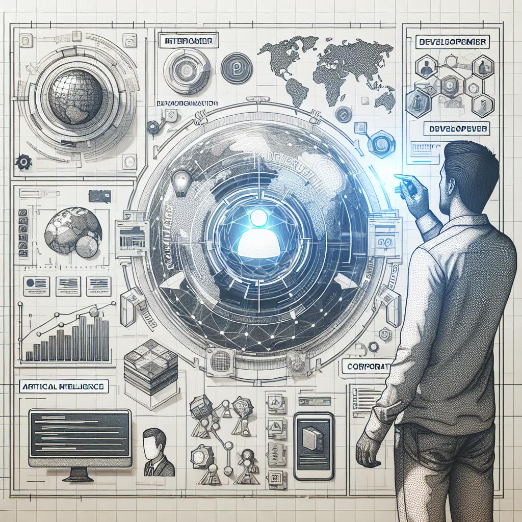 An image that illustrates the futuristic integration of artificial intelligence in creative applications. An adult male, who's of Middle-Eastern descent, is seen interacting with a digital environment, showcasing an advanced technology in action. The style employed in this image would be vectorial, flat, and corporate, providing a clean, sharp look. The backdrop of the image is stark white, texture-free. Being presented in a 2D linear perspective, the image also incorporates elements of technology, including futuristic symbols for innovation. The developer's interaction is depicted, which reflects the target audience of the API. It also includes graphical components, such as charts and data, to indicate a positive effect on productivity.