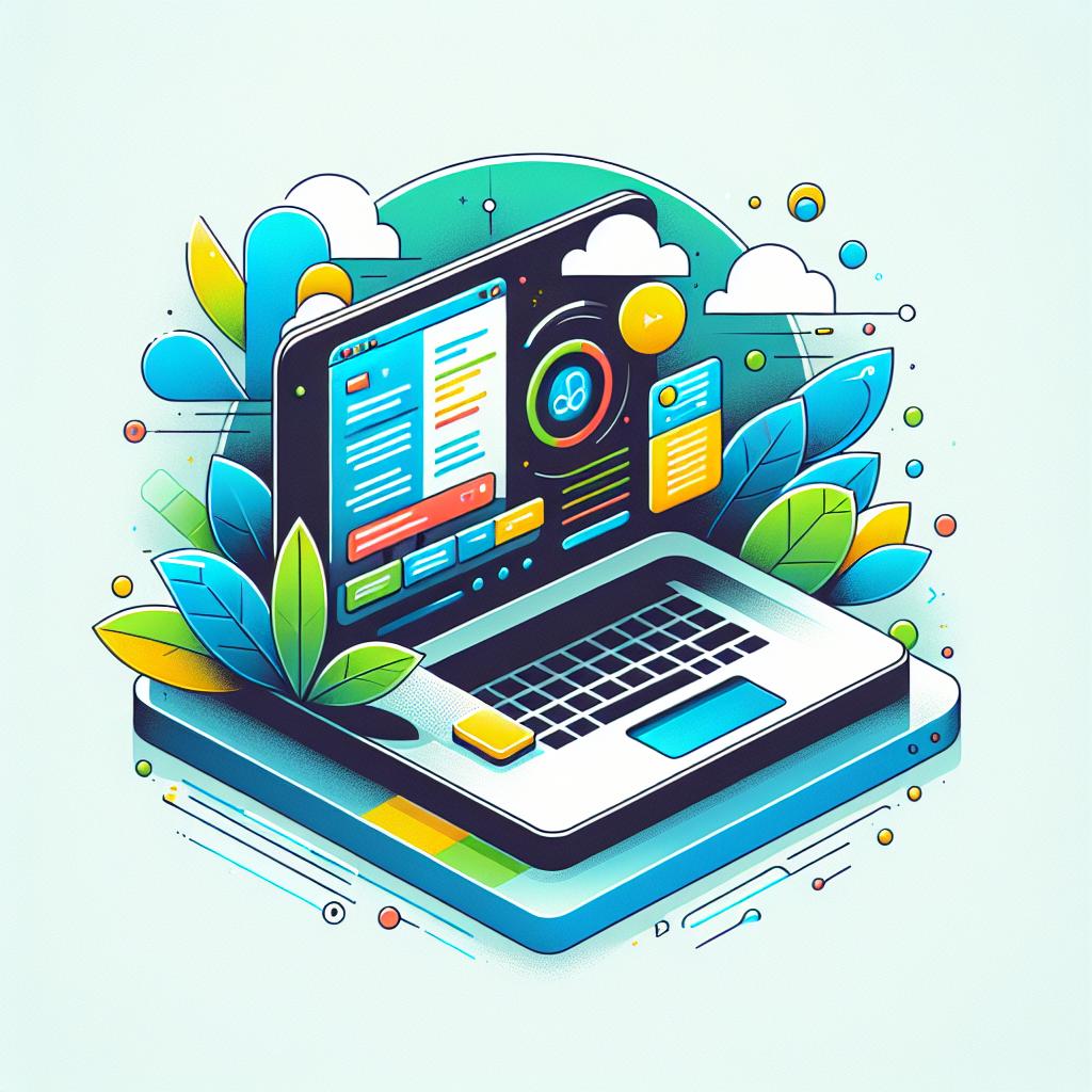 Create an image in a flat, 2D vector style that mimics a corporate aesthetic. The image features a modern laptop set against a white, texture-less background. The laptop's screen shows the interface of ChatGPT, symbolising its integration into everyday software applications and work environments. Additional elements should include bright notes and codes visible on the screen, representing the practical applications of ChatGPT at work. Use vibrant colors, chiefly blues and greens, to embody the ideas of technology and innovation.