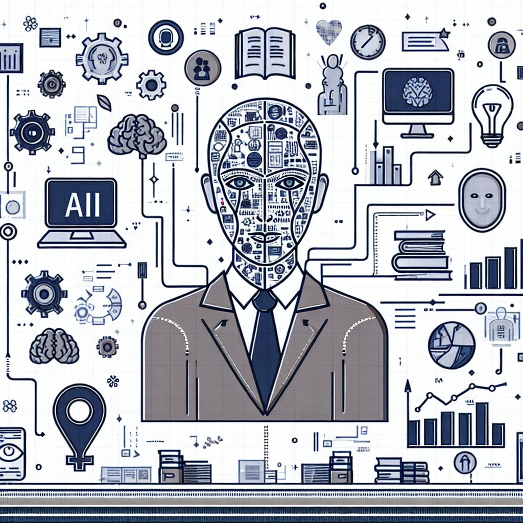 A 2D, linear perspective image in a vectorial, flat, corporate style. It represents a gender-neutral technological company CEO, of an unspecified descent, standing in a technology-infused environment, a scene highlighting the importance of AI tutors in education and work. The background is plain white and textureless. Additional elements include symbols of technology reflecting the vast universe of AI applications, books and computers symbolising learning & knowledge, and growth charts indicating the positive impact of AI on the future of work.