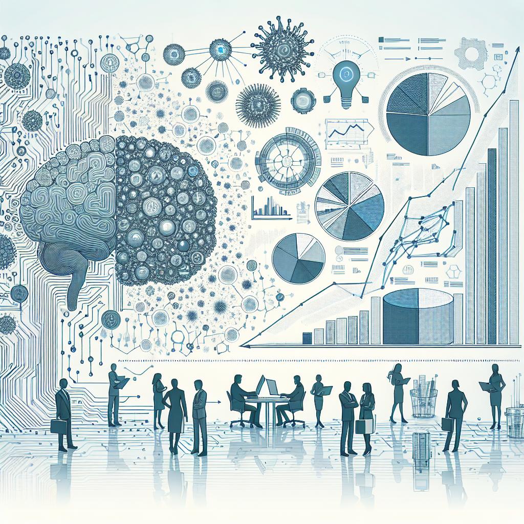 Create a 2D, linear perspective graphic in a vectorial, flat, corporate style. The image portrays the evolution and impact of innovations in artificial intelligence as developed by an unnamed AI company, illustrating the exciting future of technology. The background is smooth and white. Various elements are included, such as neural networks symbolizing the intricate workings of AI, growth charts demonstrating market potential, and silhouettes of professionals of various genders and descents, representing the diverse team and collaboration. All elements reflect modern technology and future potential.