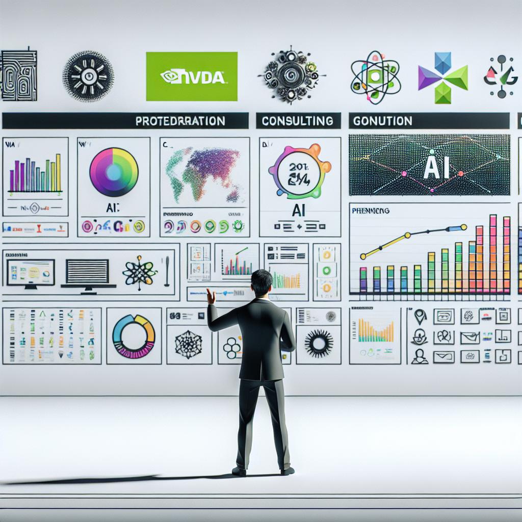 Envision a 2D image rendered in flat, corporate style on a white, textureless background. Depict a technology executive presenting at a major summit in Washington D.C. in October 2024. This executive, a middle-aged Asian man, is pointing at various colourful vector charts and graphs that represent the growth of AI stock and innovations. Arrayed behind him are logos of partnering organizations, including various tech and consulting companies, showcasing the wide collaboration Nvidia has. Set the scene with a technological ambiance to reflect the focus on AI and innovation, perhaps with subtle hints such as futuristic gadgets or AI-powered devices scattered around the stage.