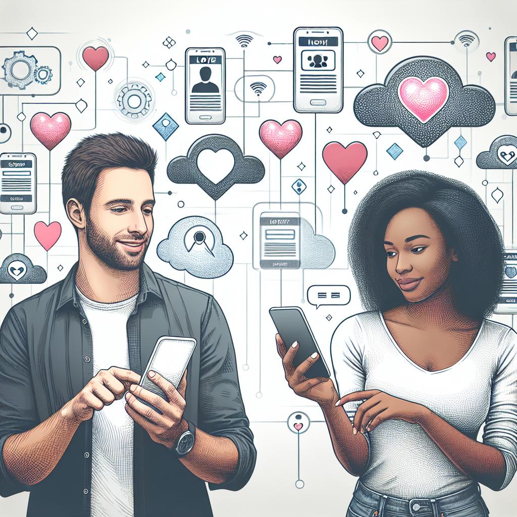 Create a 2D, linear perspective image in a Vector, Flat, Corporate style. Feature a young Caucasian man and a Black woman interacting with their smartphones, symbolizing the impact of technology on modern relationships. Elements to include: hearts that symbolize love and relationships, data clouds representing artificial intelligence, and icons representing dating apps. The background should be white and textureless, with a blur effect placed strategically to highlight the mobile devices that represent the dating apps.