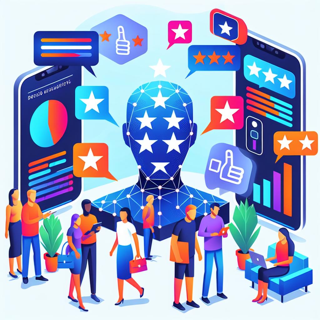Create a flat, corporate-style, vector graphic image. The setting should be a plain, texture-less white background, with a 2D linear perspective. The scene depicts a diverse group of people engaging with the Character.AI platform through various digital devices. They are seen exchanging feedback about the artificial intelligence. Icons illustrating 'star' ratings are prominently featured, emphasizing the importance of evaluation. Other elements include charts or tables, representing data analysis of the AI's performance. Additionally, digital characters are included to showcase the diversity of AI personas. The colors should be vibrant, conveying a sense of innovation and dynamism.