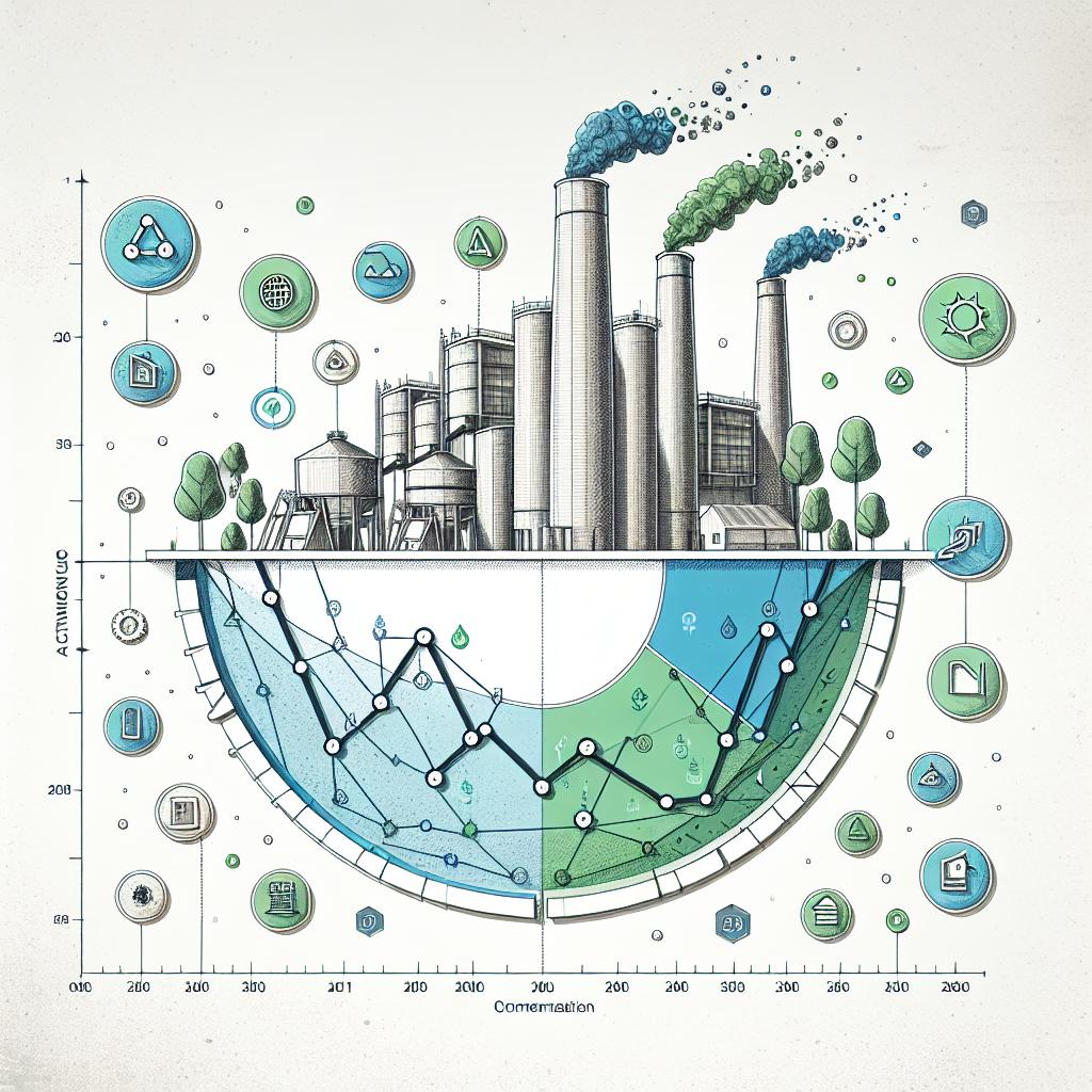 Create a 2D linear vector illustration in a corporate style on a white and texture-less background. The focus of the illustration is a comparative graph between conventional cement production and sustainable alternatives, highlighting the reduction in emissions. The graph illustrates the decrease in CO2 over time with new technologies, colored in shades of blue and green to represent sustainability and innovation. Surrounding the graph, include technology icons that symbolize the intersection between cement and technology.