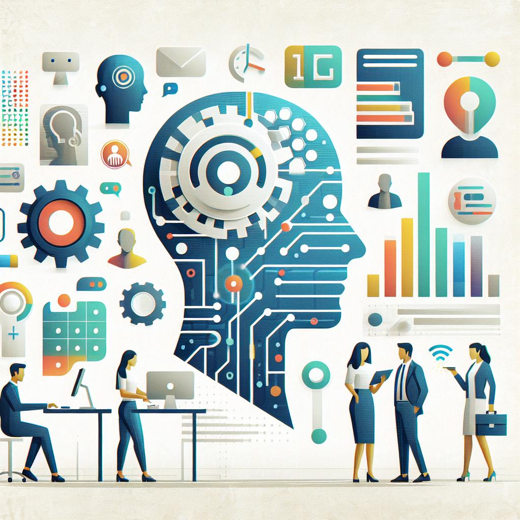 Create a 2D, abstract, and vector style image on a white, textureless background. The image symbolizes the interaction between humans and artificial intelligence in the context of a work environment. Showcase elements that represent modern work tools and productivity, such as futuristic icons. The scene should depict people of varying genders and descents, such as a Caucasian female, a Hispanic male, and a South Asian individual, working in harmony with artificial intelligence. The overall visual tone should be corporate and flat, using futuristic colors to represent innovation and technology.