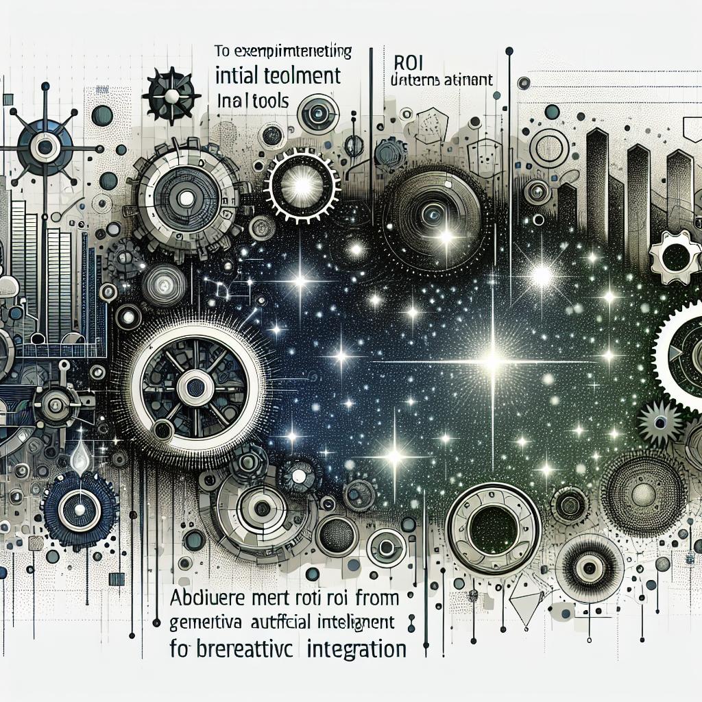 Create an abstract 2D image in a corporate and flat vector style, showcasing the complexity of return on investment (ROI) in technology. The background should be plain and white and devoid of any textures. Key elements include: graphical representations as visualizations of data analysis; a starlit sky, symbolizing innovation and the future; and gears, illustrating automation and integration. All these elements should combine and illustrate the challenges that businesses face when demonstrating ROI from generative artificial intelligence. The image should provide the sense of an increasingly evident challenge in a scenario where experimenting initial tools, like chatbots, did not meet strategic objectives, revealing the necessity for broader integration.