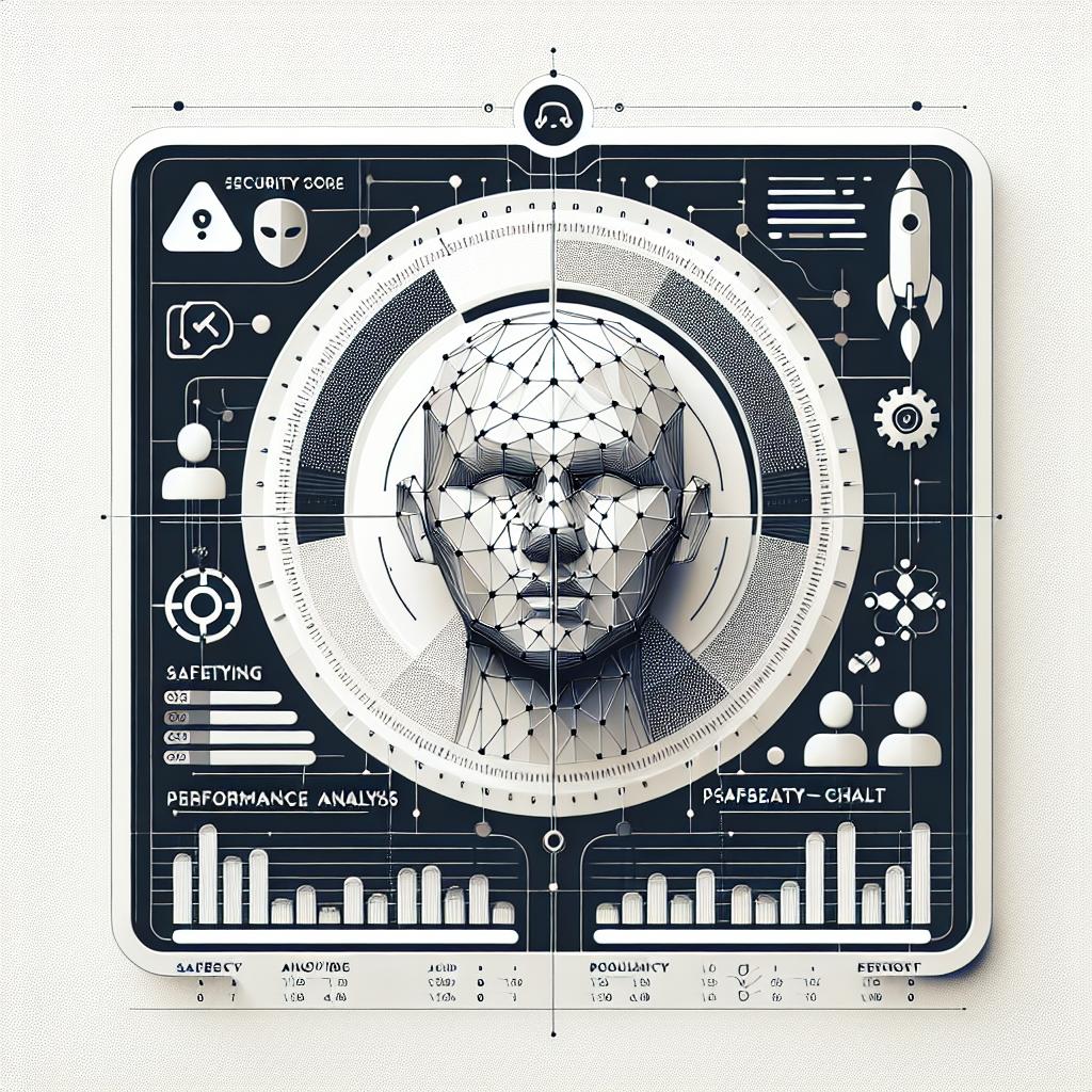 Create a 2D, linear perspective image representing the announcement of Endor Labs' new tool 'Endor Scores for AI Models'. The image should emulate a modern and intuitive interface of the AI model scoring tool, projecting scores and safety analyses on a white, textureless background. It adopts a vectorial, flat, and corporate style. Additional features include security icons denoting the safety assessment of the models and performance charts underlining the popularity and quality of the models. The design should make use of sober and professional colors to convey an image of trust and seriousness.