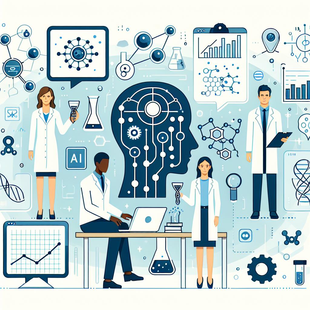 Create a vector-style, flat, and corporate-themed illustration in a 2D, linear perspective on a white and texture-free background. The image embodies the interaction between artificial intelligence and biology. Incorporate various elements like molecules to represent biology and chemistry, graphs symbolizing data analysis, and technology icons illustrating the use of AI. There should be an additional element of a blue backdrop hinting at innovation and technology. Please include human figures representing scientists at work. These scientists include a Caucasian female, an Asian male, and a Black male, all working together in harmony.