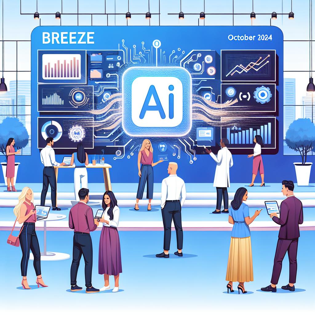 Create an image capturing the essence of the Breeze launch by HubSpot at the Inbound conference in October 2024. Show male and female marketing professionals of varying descents including Caucasian, Middle-Eastern, and Hispanic interacting with a digital interface that represents the new AI platform. The scene is set in a vibrant conference environment. The style of the illustration is vector, flat, and corporate. The image has a white, texture-less background and is designed from a 2D, linear perspective. Incorporate additional elements such as big screens displaying graphs and data, symbolizing data integration, and AI elements like circuits or digital icons to emphasize the cutting-edge technology.