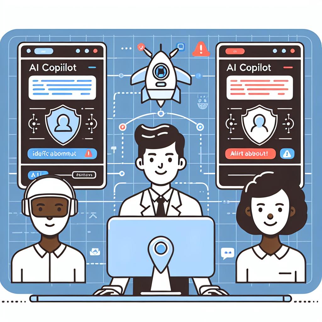 Generate a 2D linear vector-style image with a flat and corporate style. The background should be white and textureless. The central focus is a representation of Bitdefender's new AI Copilot, an innovative tool shown working to identify and alert about online scams in real time. This is visualized on both a computer and mobile device screen, indicating the tool's versatility across different platforms. There are visible alerts on the screens to illustrate how the tool notifies users about scams. Include a depiction of a satisfied user of mixed-race gender-neutral descent, symbolizing the confidence and security the tool provides.