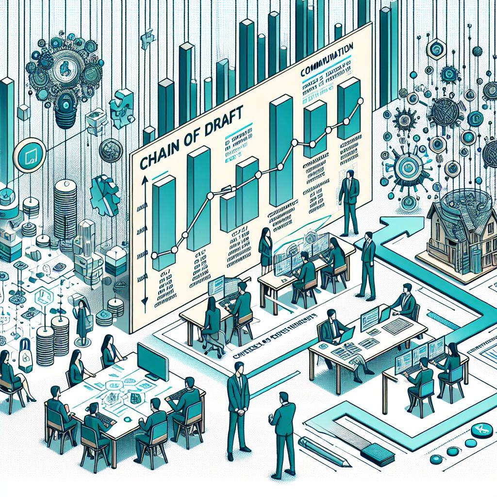 Create a 2D, linear perspective, corporate-style illustration set against a non-textured white background. The visual representation should depict the impact of 'Chain of Draft' technique by a team of AI researchers at a communication company. The technique results in a significant reduction in the cost and computational resources required for AI systems to deal with complex problems while maintaining or even enhancing precision. In the scene, include a graph that clearly compares expenses before and after the implementation of the technique. Add illustrations of small and large businesses harnessing this technology. Use cool colours like shades of blue and green to symbolize the idea of innovation. Also, include symbols that represent savings and efficiency in the backdrop.