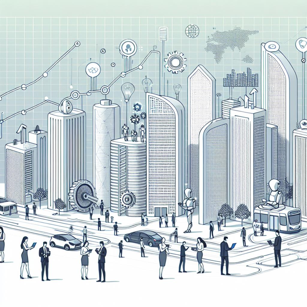 In a futurist representation of Brazil, imagine a technologically connected society. Picture a flat, corporate 2D, linear style scene set against a smooth, white background. Visualize modern buildings symbolizing the technological evolution of urban infrastructure. Individuals of varied gender and descent are seen interacting with advanced technology devices, illustrating the society's engagement with artificial intelligence systems. Additionally, growth charts are incorporated into the scene symbolizing the economic possibilities presented by AI.