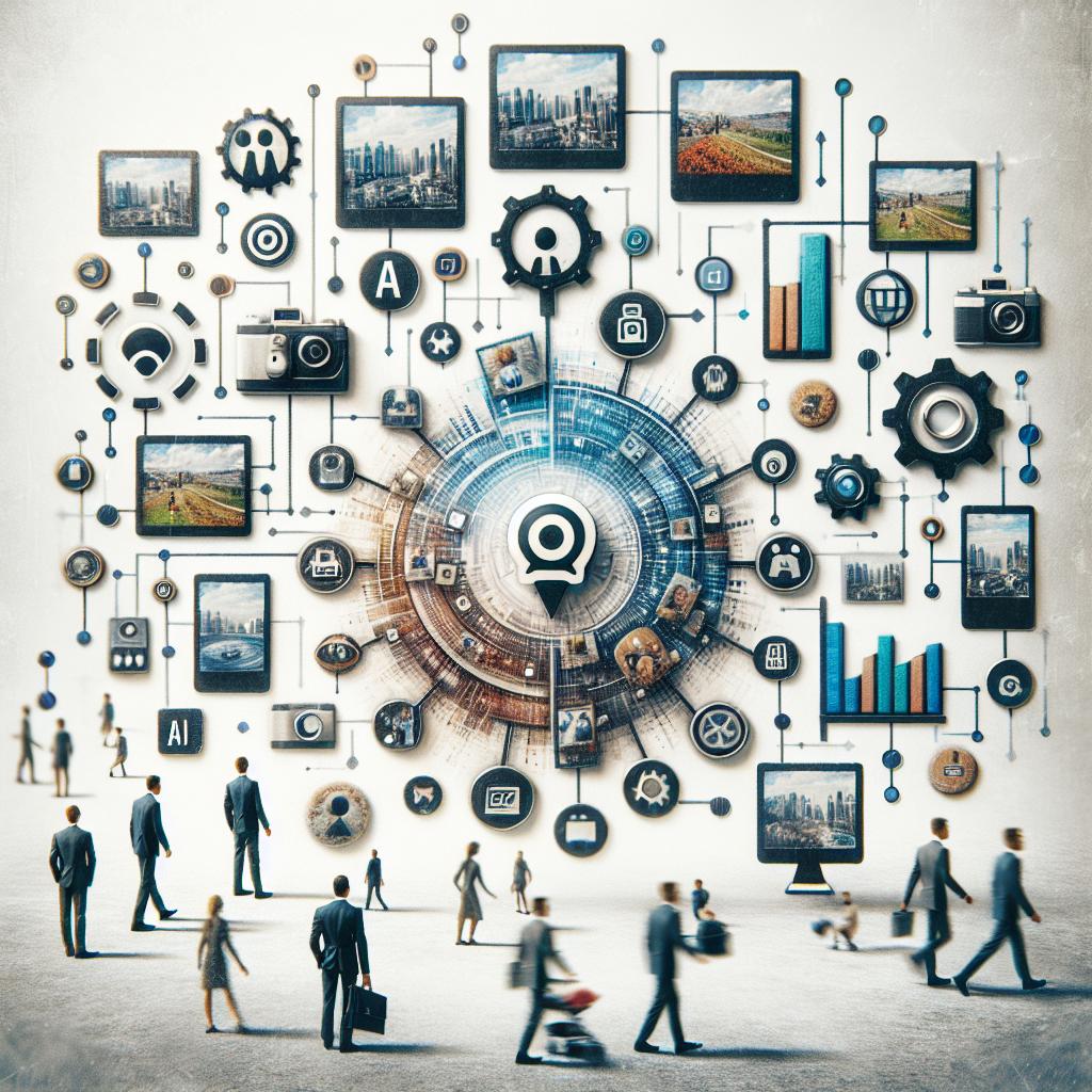 Create a 2D, flat, and corporate-style image set against a white, textureless backdrop. In the foreground, depict everyday interactions with AI tools, featuring visual symbols of virtual assistants and photo editing applications. Showcase small snaps of urban scenes to symbolize the adaptability and modernity of society. Include the icons of AI, implying the integration of technology in daily life. Incorporate growth charts to indicate the rapid adoption of these technologies, and the rotation of gears to suggest technological innovation and progress. The scene is to illustrate the era of AI and its profound effect on the tech industry and digital interactions.