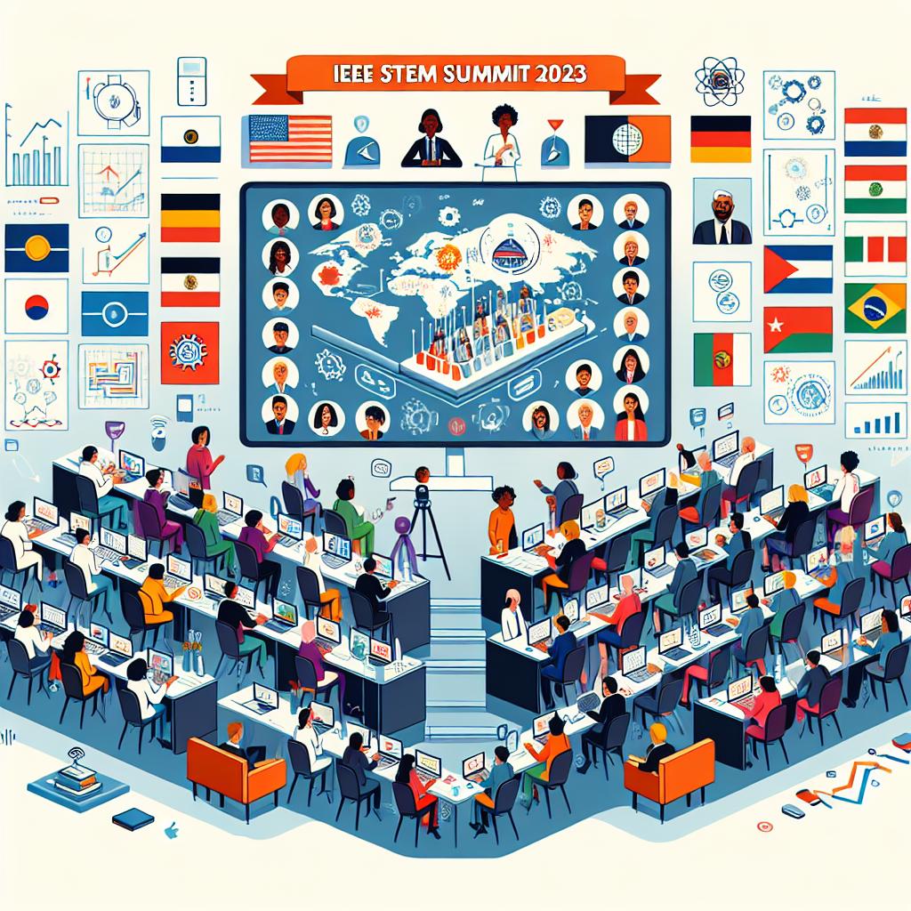 An illustration in a 2D, linear, Corporate Flat style. In this, the IEEE STEM Summit 2023, a worldwide virtual event, is depicted as an exciting collage. The scene includes educators of different descents like Hispanic, Caucasian, Black, Middle-Eastern, South Asian, and White, all engaging in virtual debates and workshops, portrayed via digital interaction symbols. They are from 118 different countries, represented by respective flags. The elements in this digital education-focused scene should include computers and technology symbols. The academic nature of the sessions is reflected through various diagrams and graphs. Further highlighting the focus of the event are various engineering symbols. All these are placed against a plain white, texture-less background.