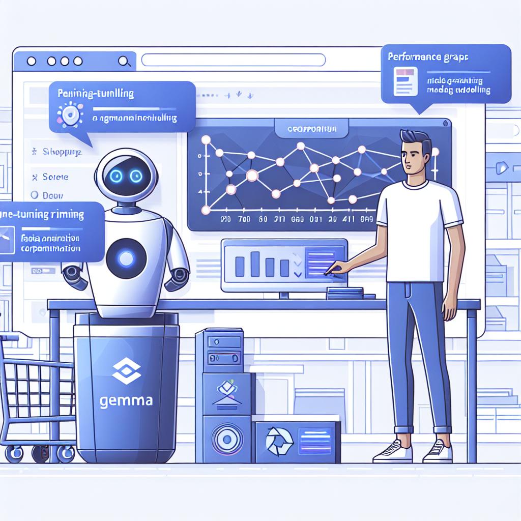 Design a 2D, vector-style, corporative image on a plain white background. The scene should show a digital retail environment, with a chatbot representing the Gemma modelling application actively interacting with a Middle-Eastern male user on a website. Include subtle elements that reflect e-commerce, such as a simple shopping cart icon and a search bar. in the background, integrate performance graphs symbolizing the fine-tuning process and data analysis results in soft, non-distracting colors. Let the main focus to be on the chatbot-user interaction. The overall perspective should be linear and flat.