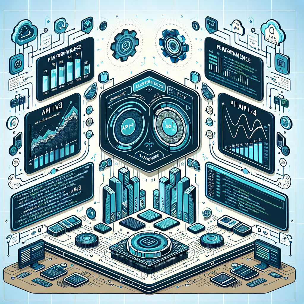 Create a 2D, flat, and corporate styled vector illustration that depicts the transition from Weaviate's API v3 to the new API v4. This shift from the old version to the new version is encouraged as of December 2024 due to significant improvements in performance and usability. In the foreground, display performance charts representing the enhancements in API v4 and code examples highlighting the differences between the two versions. Add various programming icons to signify software development. Use technological colors like blues and greens to convey a sense of modernity and innovation. The background should be filled with electronic circuit patterns for a futuristic touch on a white and textureless canvas.