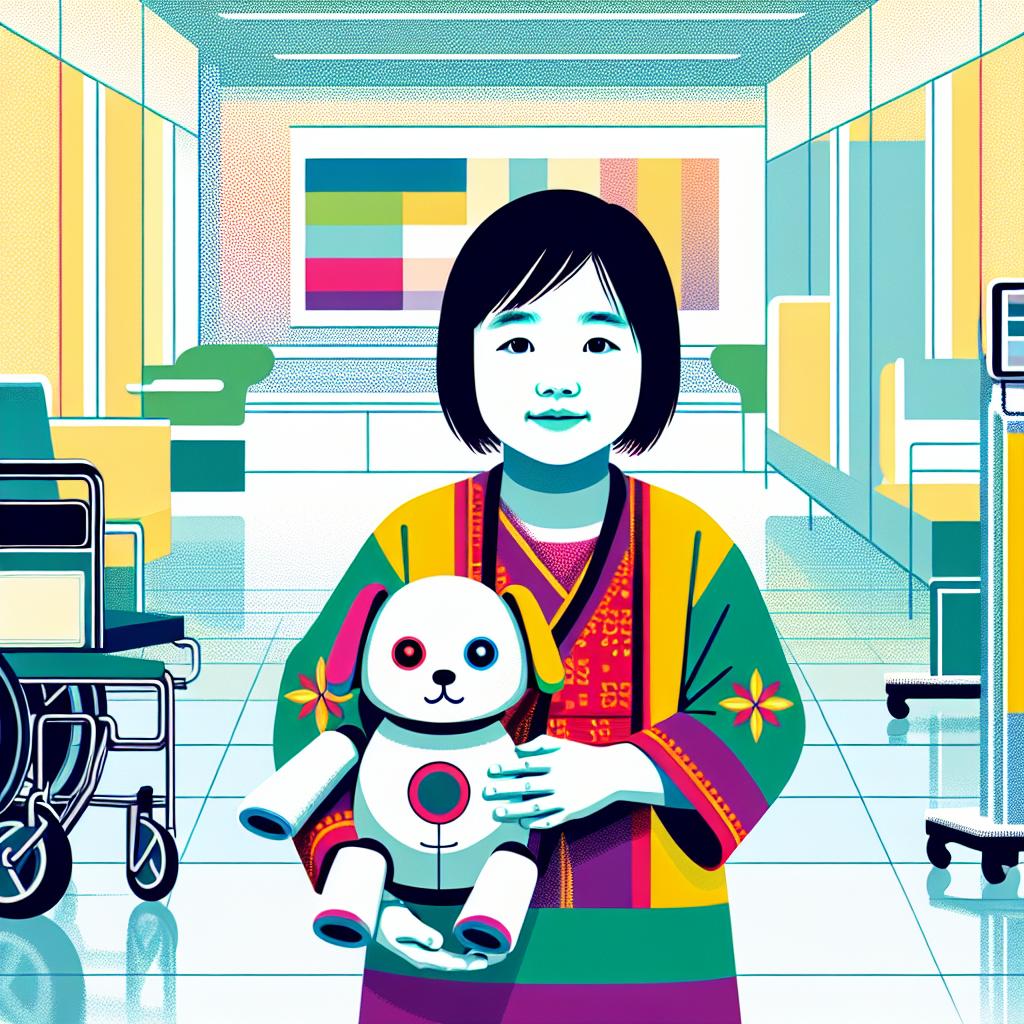 Illustrate a 2D flat, linear, and corporate styled artwork. The setting is a hospital. In the center, imagine a child of Asian descent dressed in colorful clothes, holding an Aibo robot dog. Her expression reflects joy and hope, further emphasized by the bright, cheerful colors used throughout the scenario. The background, while subtle and mostly white, gives an impression of a sterile hospital environment. This image symbolizes the intersection of technology and health care, where robotic companions provide comfort and happiness, particularly to children undergoing treatments.
