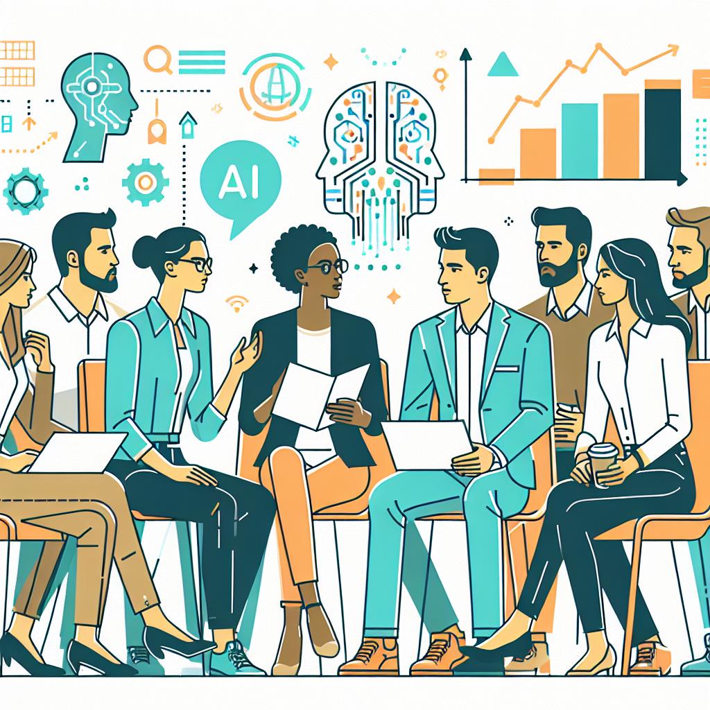 Create a flat and corporate style vector illustration set in 2024. Picture this: A diverse group of startup founders engrossed in a discussion within a modern setting. They might be Caucasian, Hispanic, Black, Middle-Eastern, or South Asian. Both men and women are engaged in a lively discourse about AI's importance akin to the internet as indicated by a survey. The background is filled with elements symbolizing technology and growth charts showcasing the rise of AI in the market. The image employs a white, untextured background and presents a 2D linear perspective.