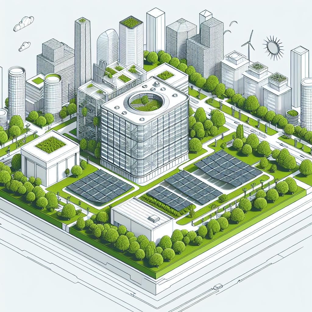 Create a 2D, linear perspective image in a simple and corporate vector style. The main subject should be a sustainable data center, represented as uniquely designed futuristic building amidst a lush green environment. Surround the data center with trees and solar panels, epitomizing eco-friendly practices. In the background, display a modern city with sustainable, eco-friendly buildings. These elements should symbolize the harmonious integration between technology and environment. The image should be set against a plain, untextured white background.